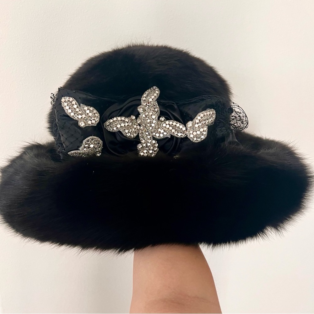 Luxury Vtg Black Real Mink Fur With Rhinestone Wide Brim Formal Church Hat Party